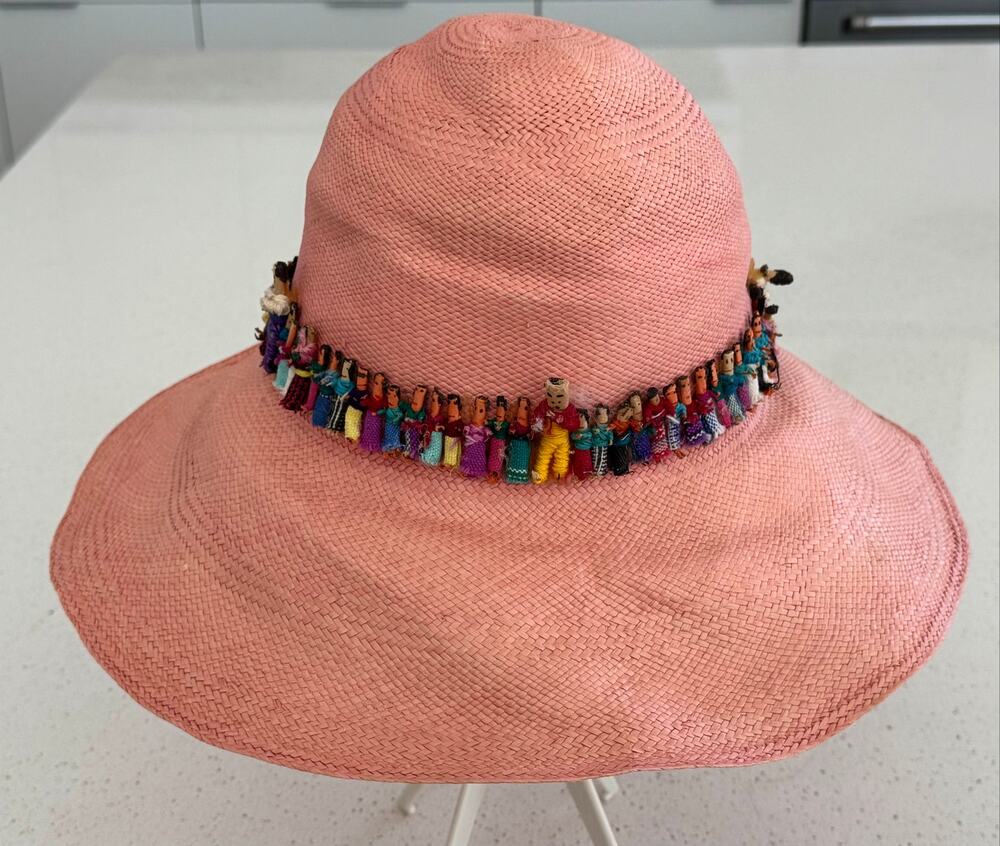 Vintage Papaya/Coral Colored Guatemalan Worry Doll Sun Hat
